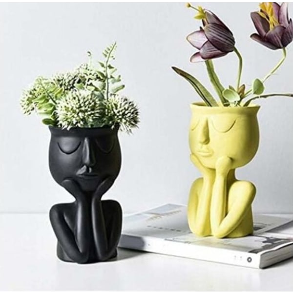 Black reative Nordic Character Vase, Succulent Plants, Abstract Flower Pot, Face and Flowers, Indoor, Vase