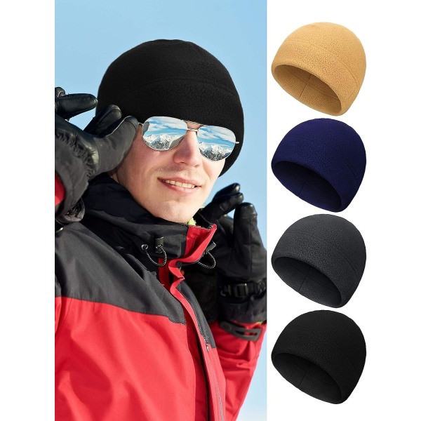 4 stk Vintervarm Vottermyk Polarfleece Beanie Lue Tykk Vindtett Utendørs Skallelue For Menn Kvinner Svart Khaki Marineblå Grå Black  Khaki  Navy Blue  Grey