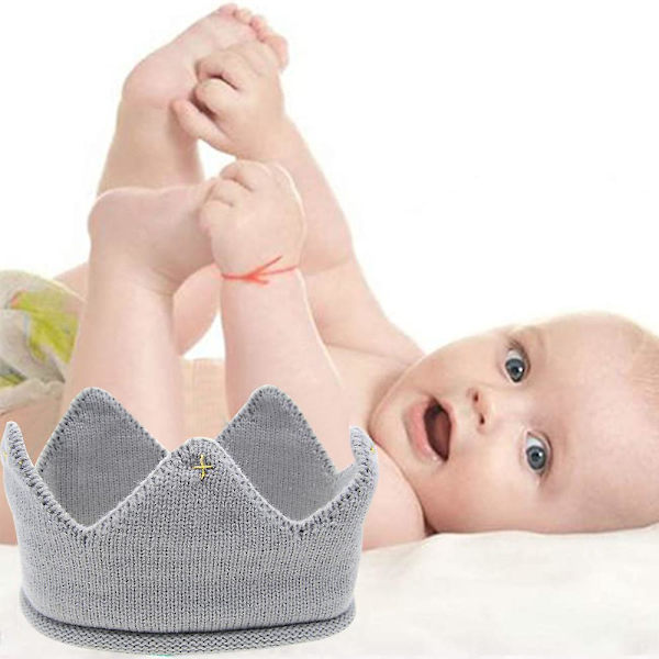 Strikket babyhårbånd med krone for jenter og gutter - Fotorekvisitter til barnebursdag - Grå Grey