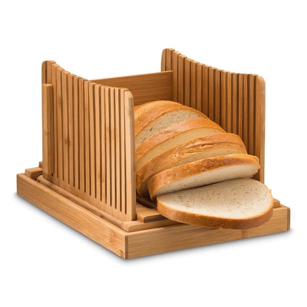 Bambusbrødskjærer for hjemmelaget brød, sammenleggbar justerbar skjærebredde med solid bambusskjærebrett, kutte bagels eller til og med