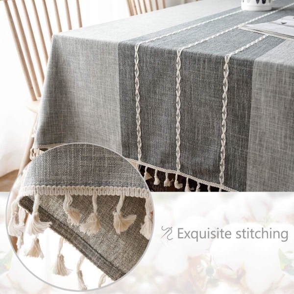 Bordsduk i bomull och linne broderad med tofsar, rektangulär duk, handduk för soffbord, grå, 140*220 CM