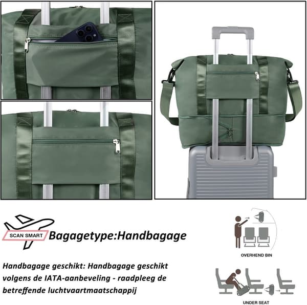 TAN.TOMI 38L Foldbar Rejsetaske, Vandafvisende Polyester Weekender med Udvidbar Bund til Mænd og Kvinder, Grøn