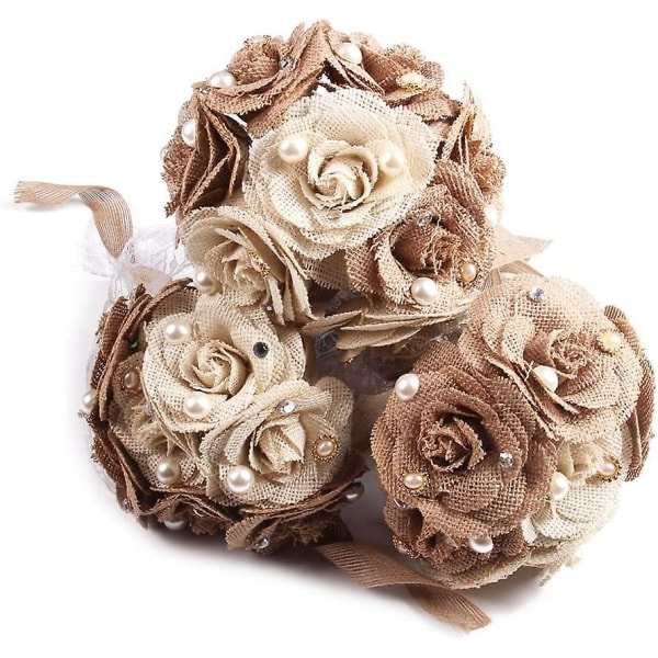 Rustikk Bryllupsbukett Burlap Blomstbukett Blonder og Perler Bryllupsdag Forlovelsesdekorasjon