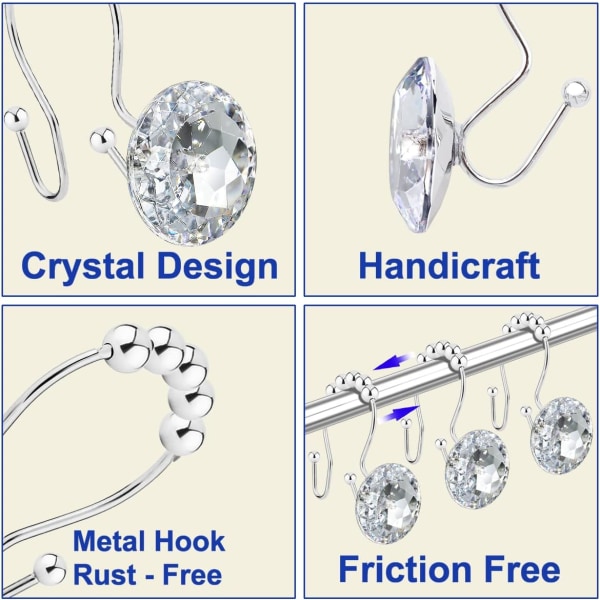 Duschdraperi Krokar Ringar för Badrum, 12 st Dubbla Krokar Glidande Rostfria Kristall Rhinestones Duschdraperi Ringar Hängare