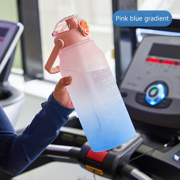 Vannflaske, Gratis Sportsdrikkflaske med Tidmerking & Låsdeksel, Lekkasjesikker Plastvannflaske (Rosa Blå, 2L)