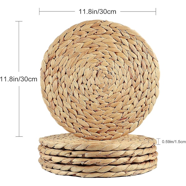 6 kpl 30 cm pöytäliinoja vesihyasintista, pyöreät, korkealaatuiset käsintehdyt, lämmönkestävät, kudotut, olkiset pöytäliinat