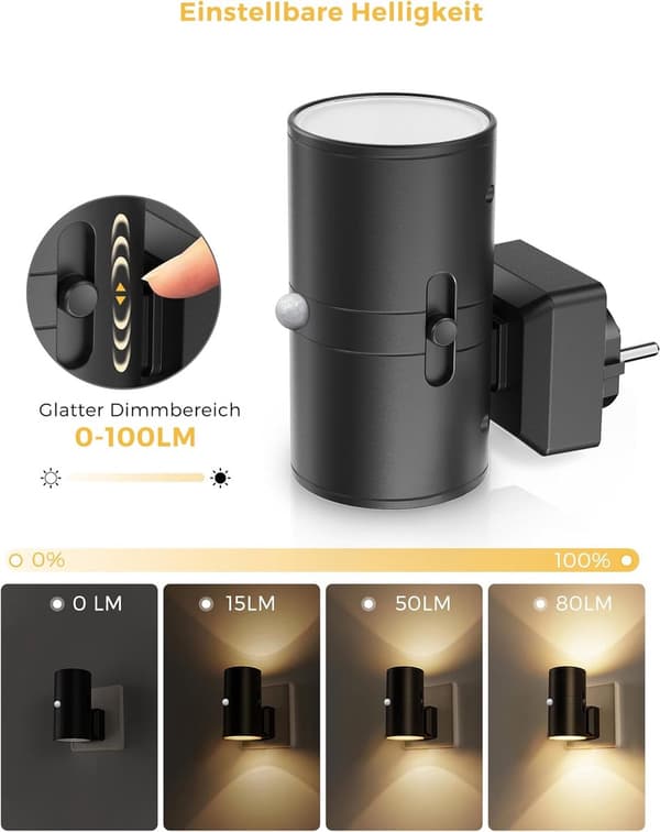 LED Natlampe Med Bevægelsessensor, Dæmpbar 0-100 lm, Varm Hvid 3000K, Plug-In, Til Gang, Soveværelse Og Trapper, Sort