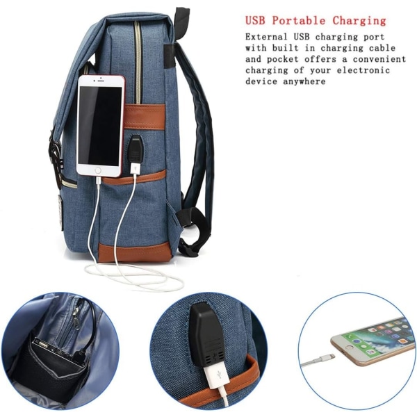Vintage laptop-rygsæk med USB-opladningsport, college-skuldertaske til mænd, kvinder, passer til op til 15,6 tommer bærbar i blå