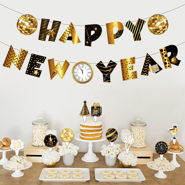 2 set Happy New Year Banner för Nyår 2025, Svart och Gyllene Happy New Year Partyskylt Happy New Years Bakgrund