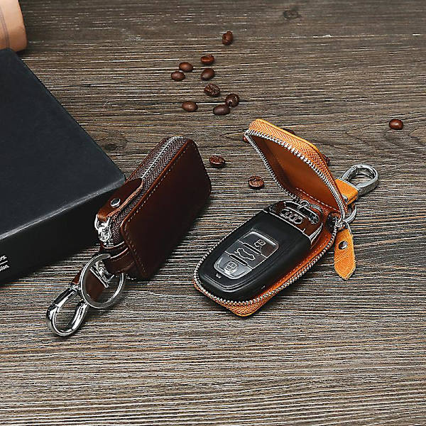 Bilnyckelskydd Universellt Ko Läder Bil Fjärrnyckel Fodral Nyckelfodral Nyckelring Fodral Dragkedja Fodral Smart Nyckelring Fodral Clip, 1 Pack Brun