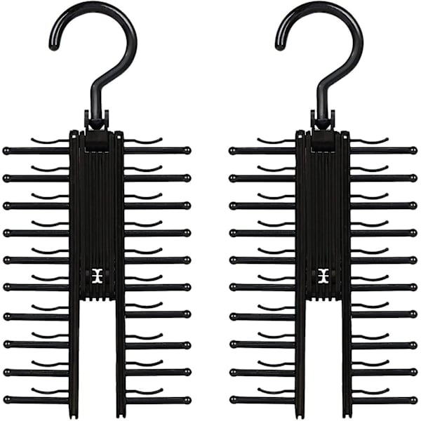 2-pack slipshängare med 20 hållare, för halsdukar, bälten, accessoarer, svart slipsbältesnätorganisatör med halkfria klämmor, 360 graders rotation