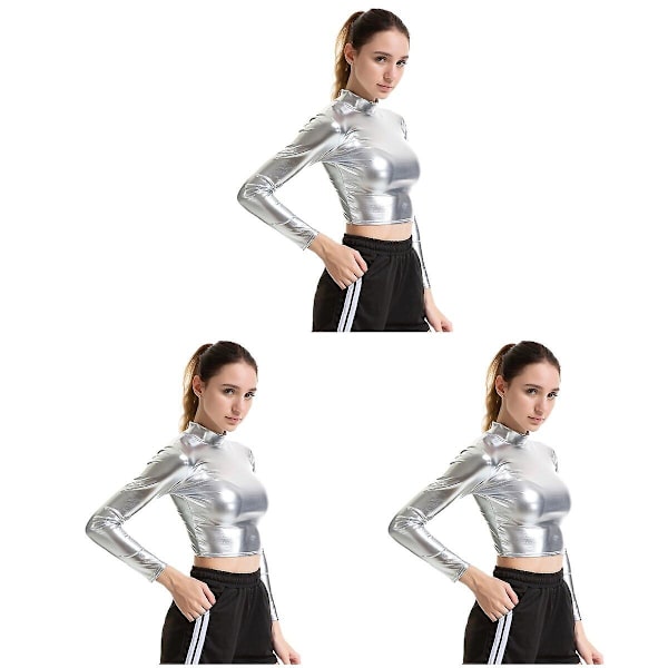 3 stk Sølv Sexy Ensfarget Bustier Lakklær Ytelse Kostyme Lang Erme Klær For Cosp 3pcs S