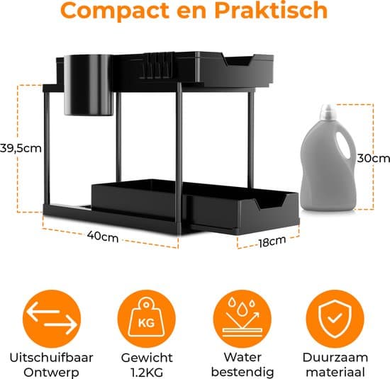 Under Sink Organizer med 2 udtræksskuffer, værktøjsfri montering til køkken- og badeværelsesskab, sort