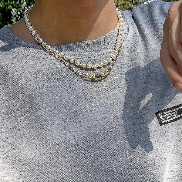 Hip Hop Vintage -tyylinen miesten kaulakoru, jossa jäljitelmähelmiä ja geometrinen metalliketju, kulta Gold