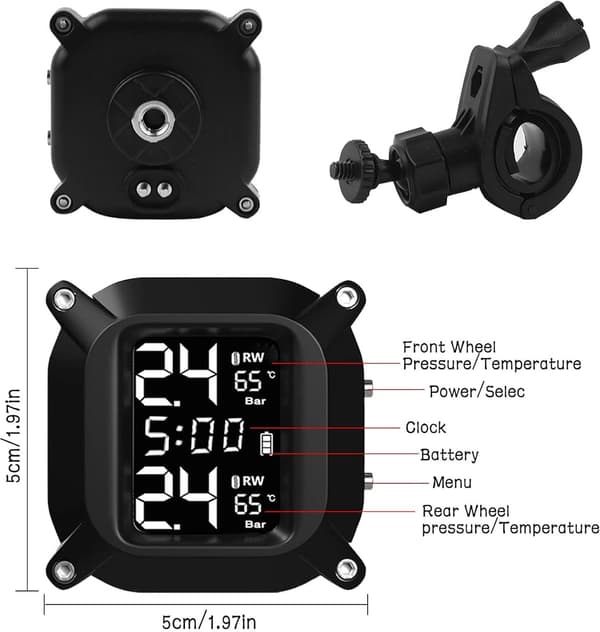 TPMS däcktrycksövervakningssystem med LCD-display, 2 externa trådlösa sensorer, realtidsvarningar, för motorcyklar, vattentätt