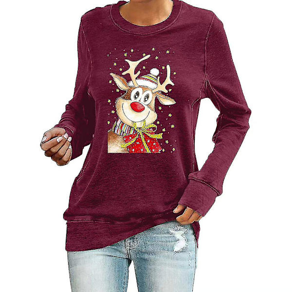 Dametøj Jule Elg Trykt Langærmet Rundhals T-shirt Jule Tee Shirt Toppe MWine Rød Wine Red M