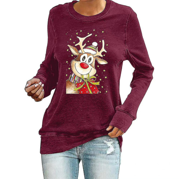 Juleelg Trykket Langærmet Rundhals T-skjorte for Kvinner Xmas Tee Shirt Topper MWine Red Wine Red M