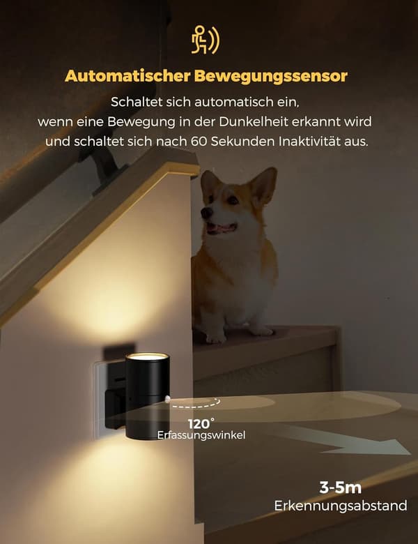 LED-nattlampa med rörelsesensor, dimbar 0-100 lm, varmvit 3000K, plug ...