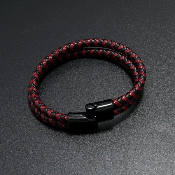 Mænds armbånd, mænds vævet læder, røde og sorte læderarmbånd
