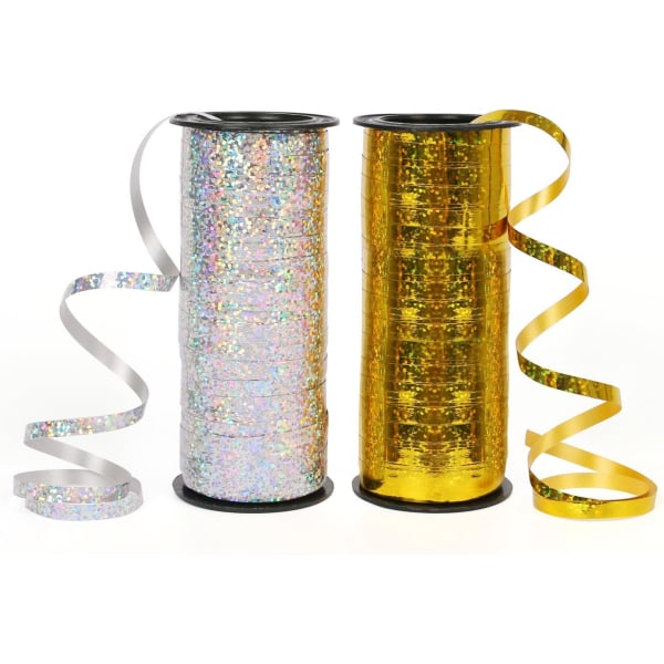 100 meter band, lasersilkesband, används för ballonger, presentförpackningar, bröllops- och födelsedagsdekorationer guld + silver