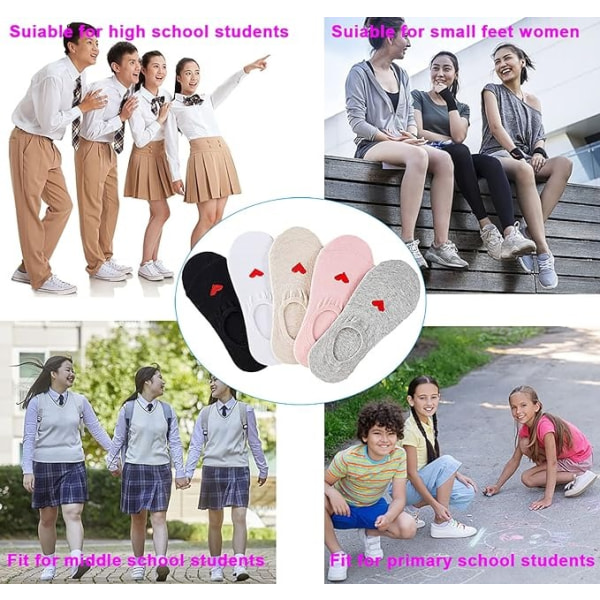 5 par barn jenter no show sokker, anti-skli myke bomullssokker, ultrakomfortable sokker for barn 6-15 år