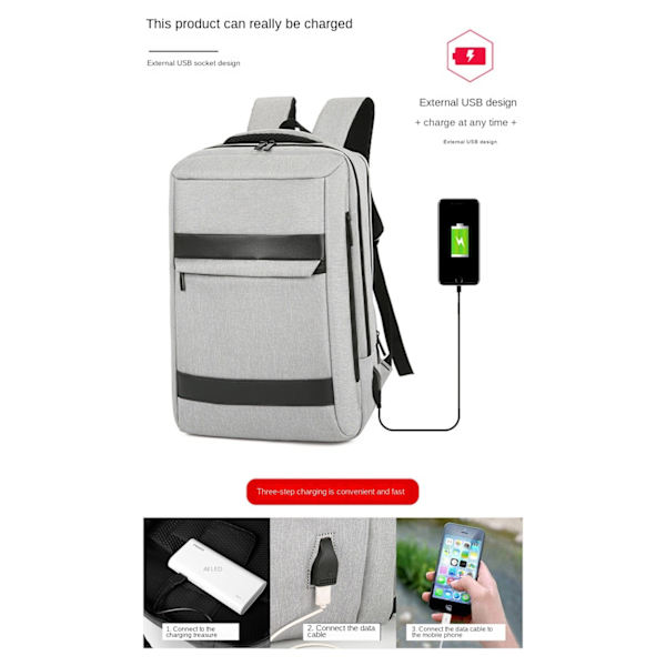 Laptopryggsäck, Vattentät College Ryggsäck Flygplansgodkänd Affärsarbetsväska med USB-laddningsport Passar (Grå)