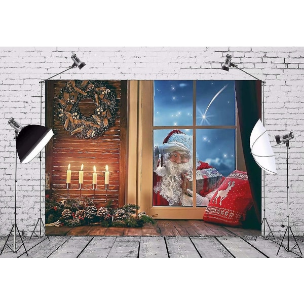 6x4ft Tyg 2023 Julbakgrund Jultomten knackar på fönstret Rum dekorerat för Holi Fotografi Bakgrund