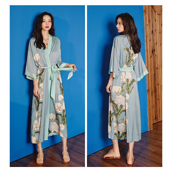 Dame Lang Silke Morgenkåbe Lang Satin Morgenkåbe Lang Morgenkåbe Blomster Silke Badekåbe Morgenkåbe, One Size