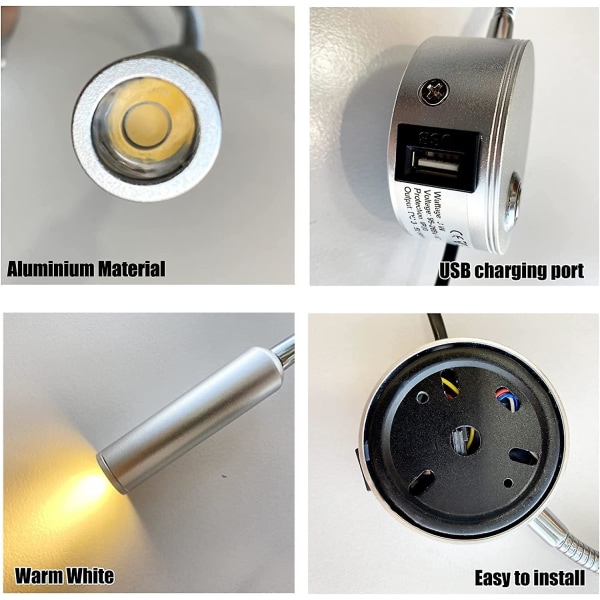 Dimbar Touch Väggläslampa Led Sänggavel Läslampa med USB port och strömbrytare, flexibel svanhalslampa med stickpropp, 3w väggmonterad sänglampa
