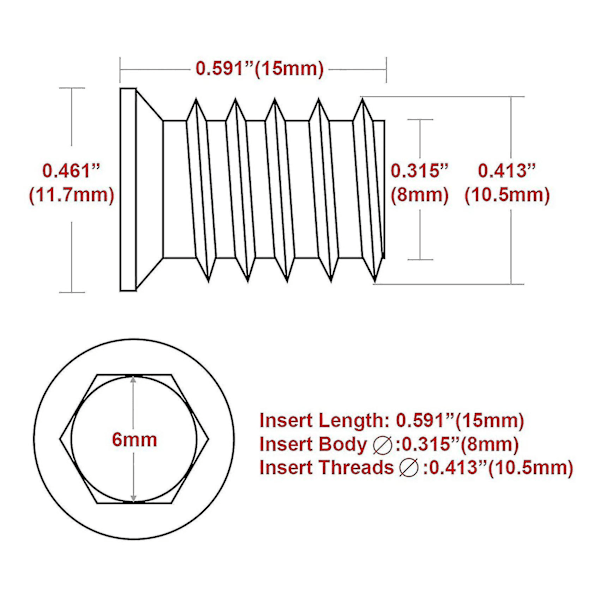 100 stk. M6 X 15mm Møbelskruer med gjenger