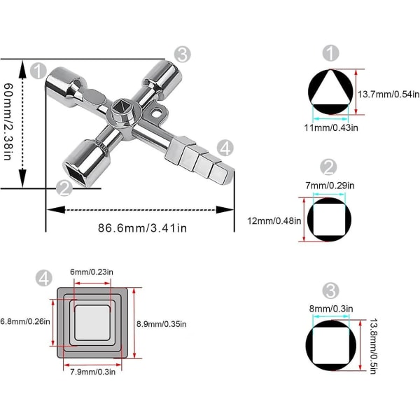 Elektrisk skapnøkkel, 4-veis multifunksjonsnøkkel, praktisk multifunksjonskryssnøkkel, for vann- og strømmetre, radiatorer, heiser (sølv)