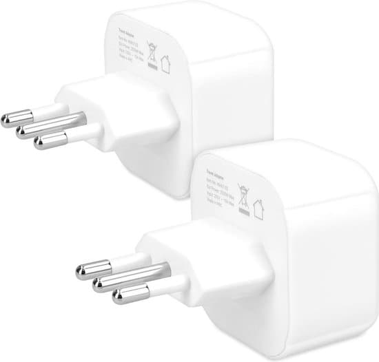 BSTNL Typ L Reseadapter 2-pack, Brandsäker Pluggadapter för Italien Chile Syrien, Passar Typ C Euro och Schuko-kontakter, Vit