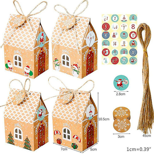 48 Joulukotilahjapakettia Kraft-paperista, evästeiden ja karkkien pusseja, lumihiutale-tarroja, 1-24 adventtikalenteri