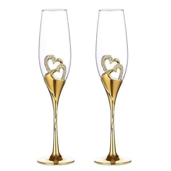 Bryllup Champagne Glass Sett med Rhinestone Rimmed Hearts dekorasjon kompatibel med bryllup, jubileum og S