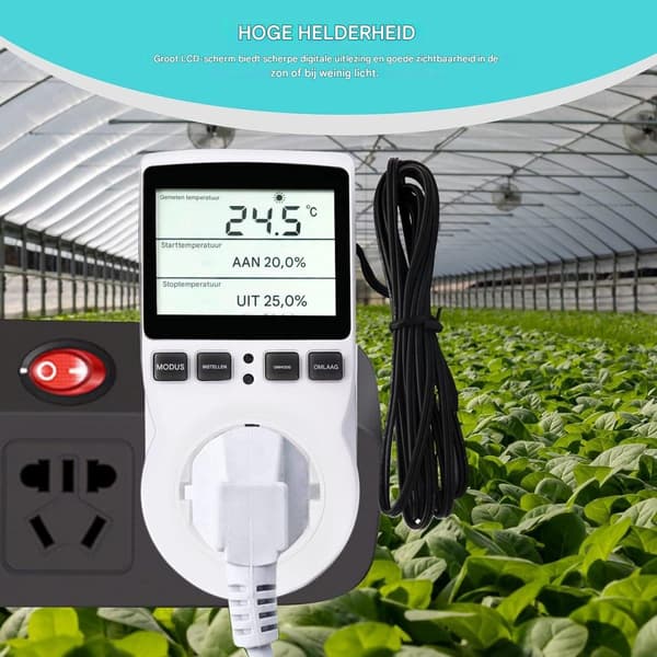 Digital temperaturregulatorstik med LCD-display og sensorprobe til drivhus, akvarium, reptilterrarium temperaturkontrol