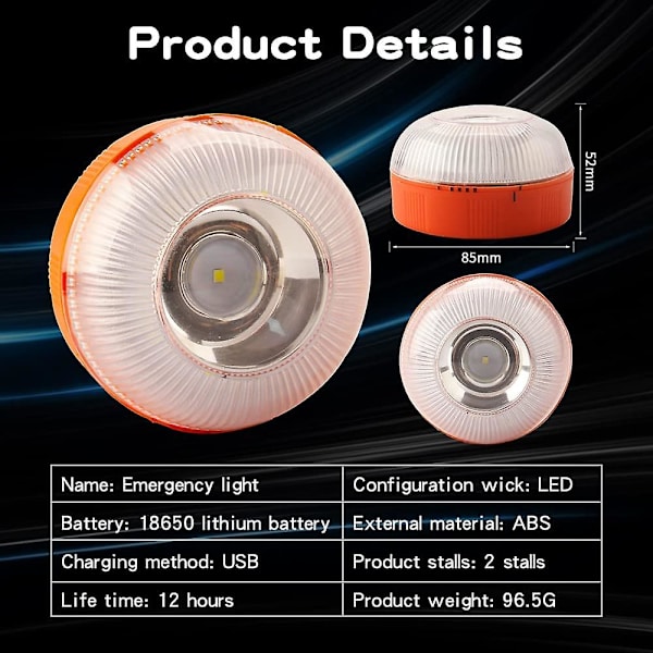 Nödlampa V16 Nödbelysning Fristående Led Varningsljus Usb Laddningsbar Med Magnetisk Bas, Gul Vit Vägfel Varningsljus Används För Bil