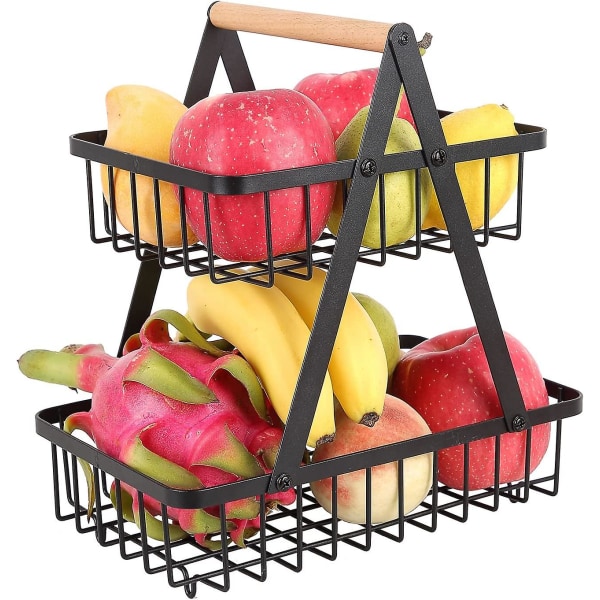 2-vånings fruktkorg i metall, löstagbar fruktkorg Frukthållare, dekorativt fruktställ, fruktställ för kök, fruktskålställ med trähandtag (b)