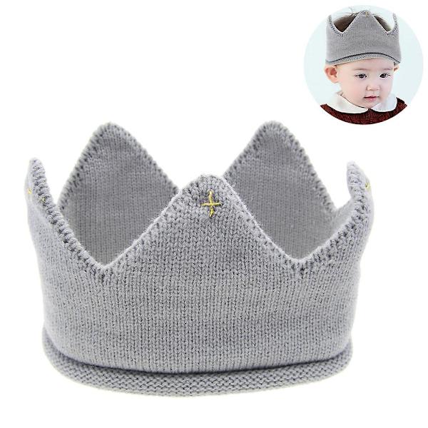Strikket babyhårbånd med krone for jenter og gutter - Fotorekvisitter til barnebursdag - Grå Grey