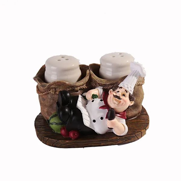 Söt Kockstaty Salt- och Pepparflaskhållare Ornament Hemköksdekoration Resinhantverk (4,3 * 3,2 * 2,8 tum)