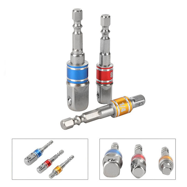 Sokkeladapter til slagboremaskine, 3 krom-vanadium adaptere 1/4\", 1/2\", 3/8\" Elektrisk boremaskine adapter sæt firkantet chuck (Farve)