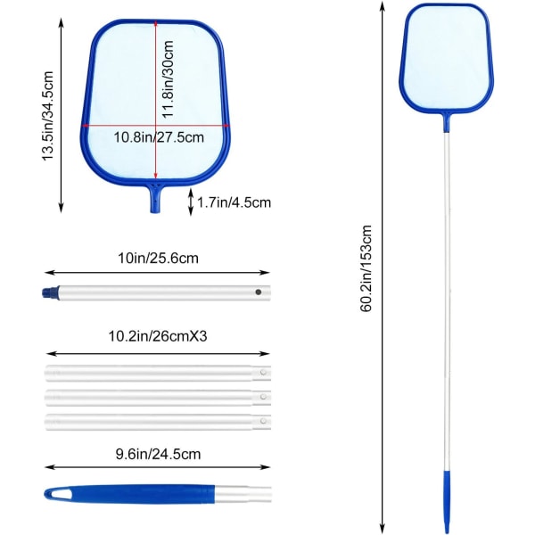 Ytfåte, Djuplövsräfs och Robust Justerbar Teleskopisk Aluminiumskummare för Rengöring av Pool/Fontän/Reservoar