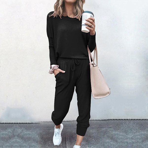 Damkläder Lösa Tvådelade Set Solid Långärmad Topp Väst Casual Byxor SweatsuitLBlack Black L