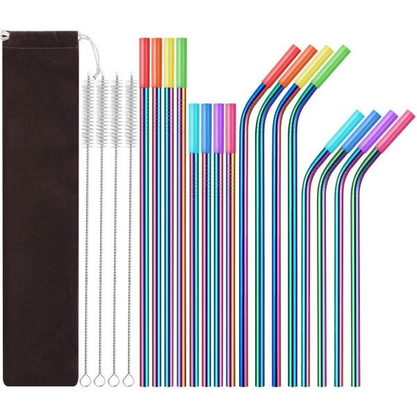 16-pack regnbågsfärg Återanvändbara metallstrån med silikonspets färgade långa sugrör i rostfritt stål D