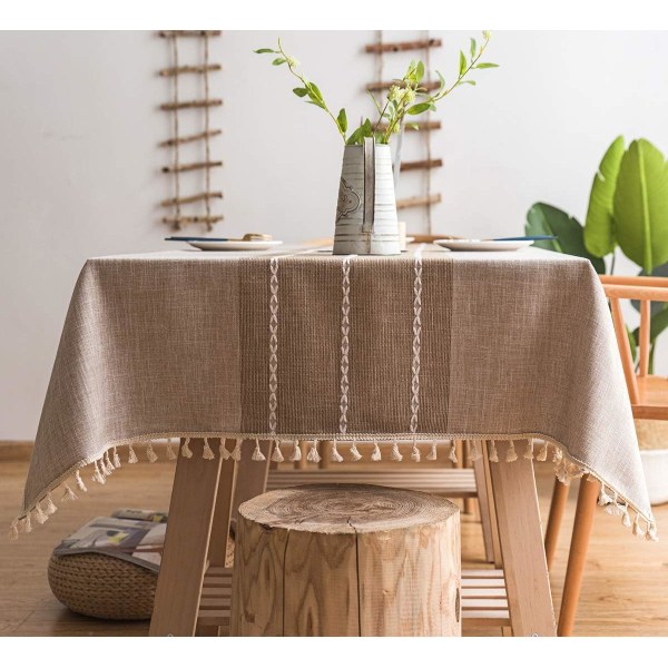 Yksinkertainen kangas raidallinen pöytäliina, puuvillan ja pellavaisen pölynkestävä pöytämatto, kotikeittiön koristelu suorakaiteen muotoinen pöytäliina (140*220cm, ruskea)