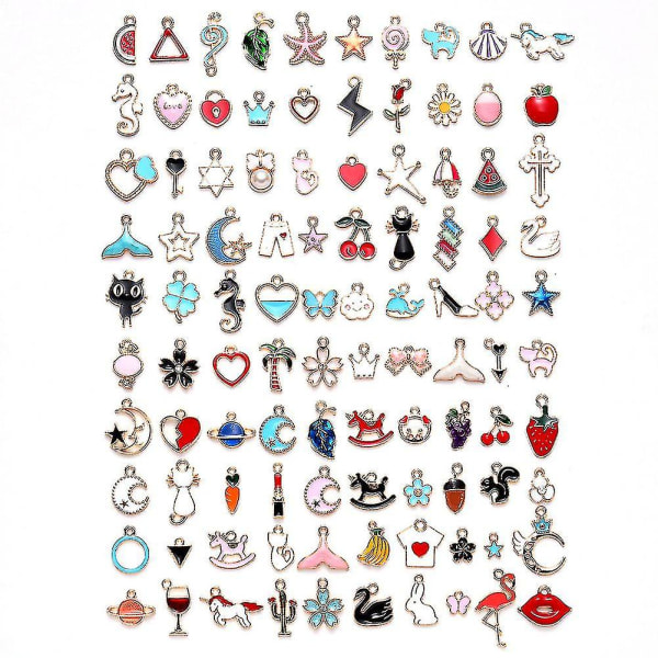 100 stk. Blandet Assorteret Guldbelagt Emalje Dyr Frugt Måne Stjerne Fin Dingle Charm Vedhæng Til DIY Smykkefremstilling Halskæde Armbånd Ørering DIY Smykke