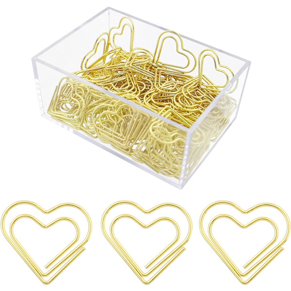 Gullhjerte Papirklips Glatt Overflate Hjerteformet Papirklips Bryllupsdekorasjon, Morsomme Fancy Kontor Bokmerker Planlegger Klipp Organiser