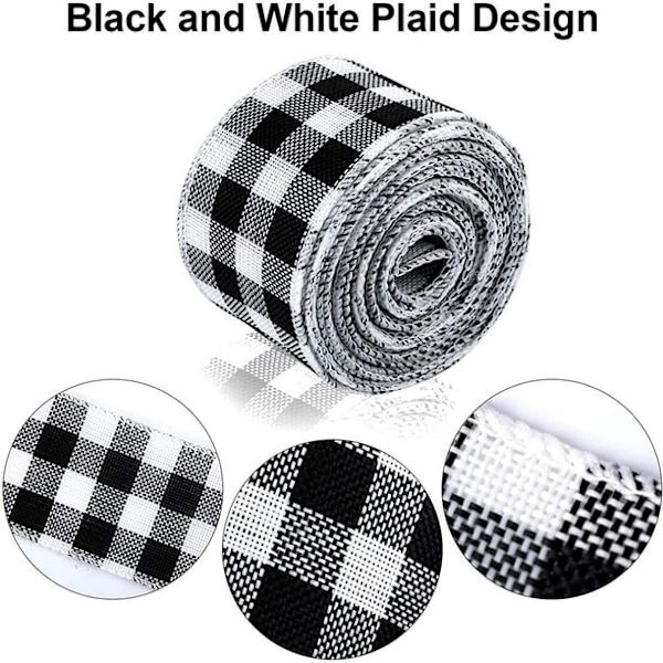 2 Rullar Svartvit Rutiga Burlapband Gingham Band Trådade Rutiga Julklappsband för DIY Presentinslagning, Hantverk Dekoration, 6m x 5cm