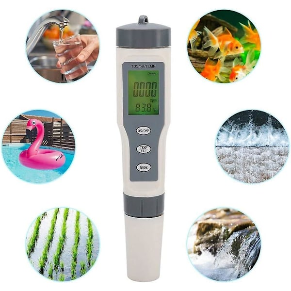 3-i-1 Digital Vattenkvalitetstestare, ABS TDS PH Temp Detektor Noggrann och Pålitlig LCD-Display för Vattenkällor, Akvarier, Hydroponik, Spa, Simning