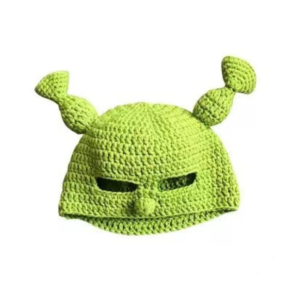 Shrek Modell B Maskerte Håndstrikket Ullhatter, Strikket Hatter Grønne Beanies, Håndstrikket Ull Vinterhatter Cosplay Tegneseriehatter for Kvinner og Menn