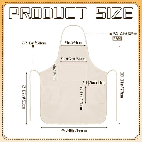 3-pak kunstforklæder til voksne med 3 lommer, justerbart forklæde i polyesterlærred til maling, keramik, bagning, naturfarve, 77 x 66 cm